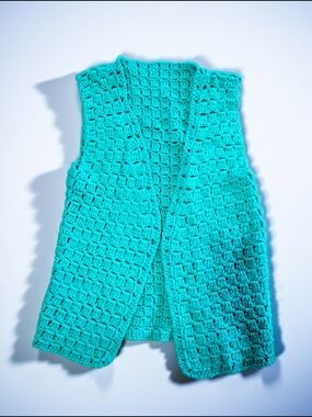 Vintage 70s Handmade Crochet Vest Green Boho Hippie Granny Block Stitch L/XL